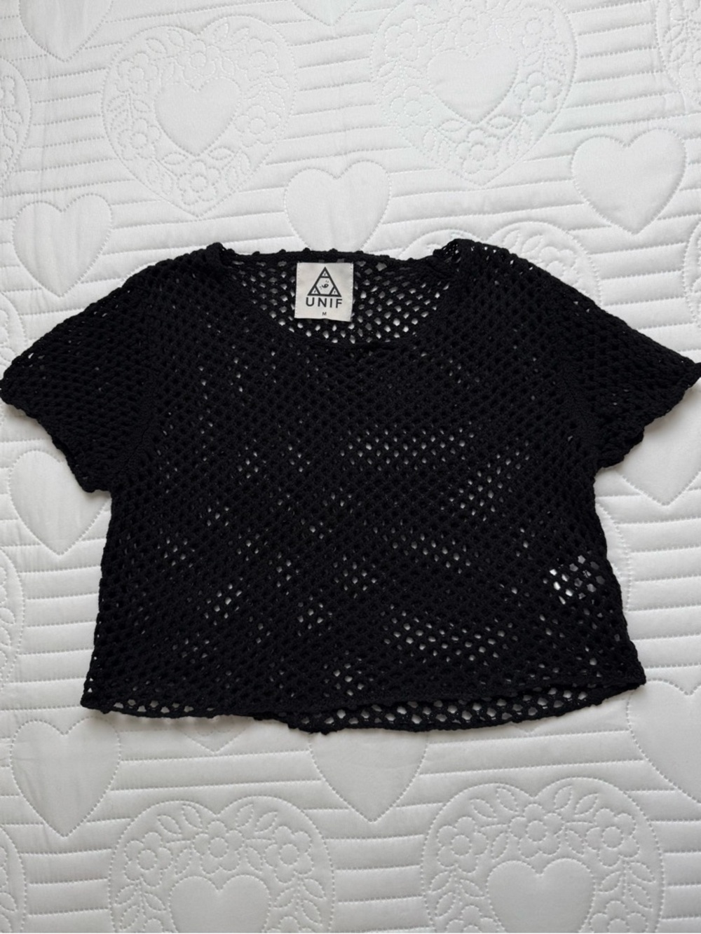 UNIF Black Open Knit Crochet Cropped Shirt Top Medium - Picture 5 of 8